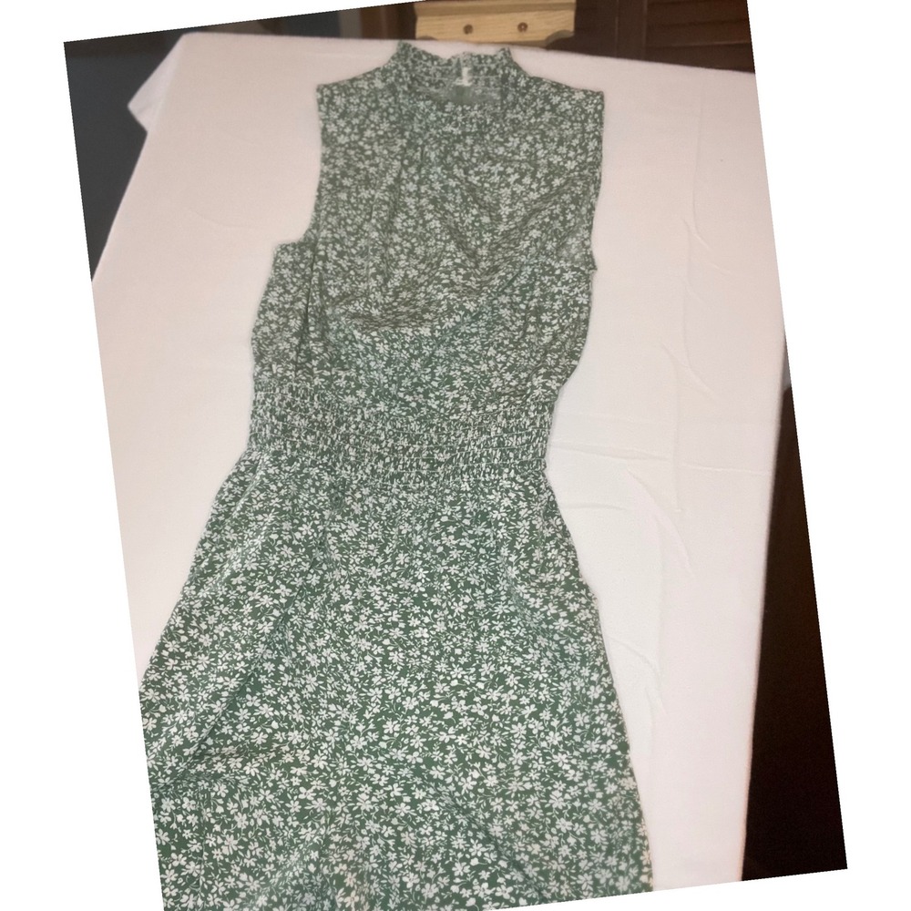 SHEIN Women Green White Floral Mock Neck Smocked Waist Wide Leg Jumpsuit Small
